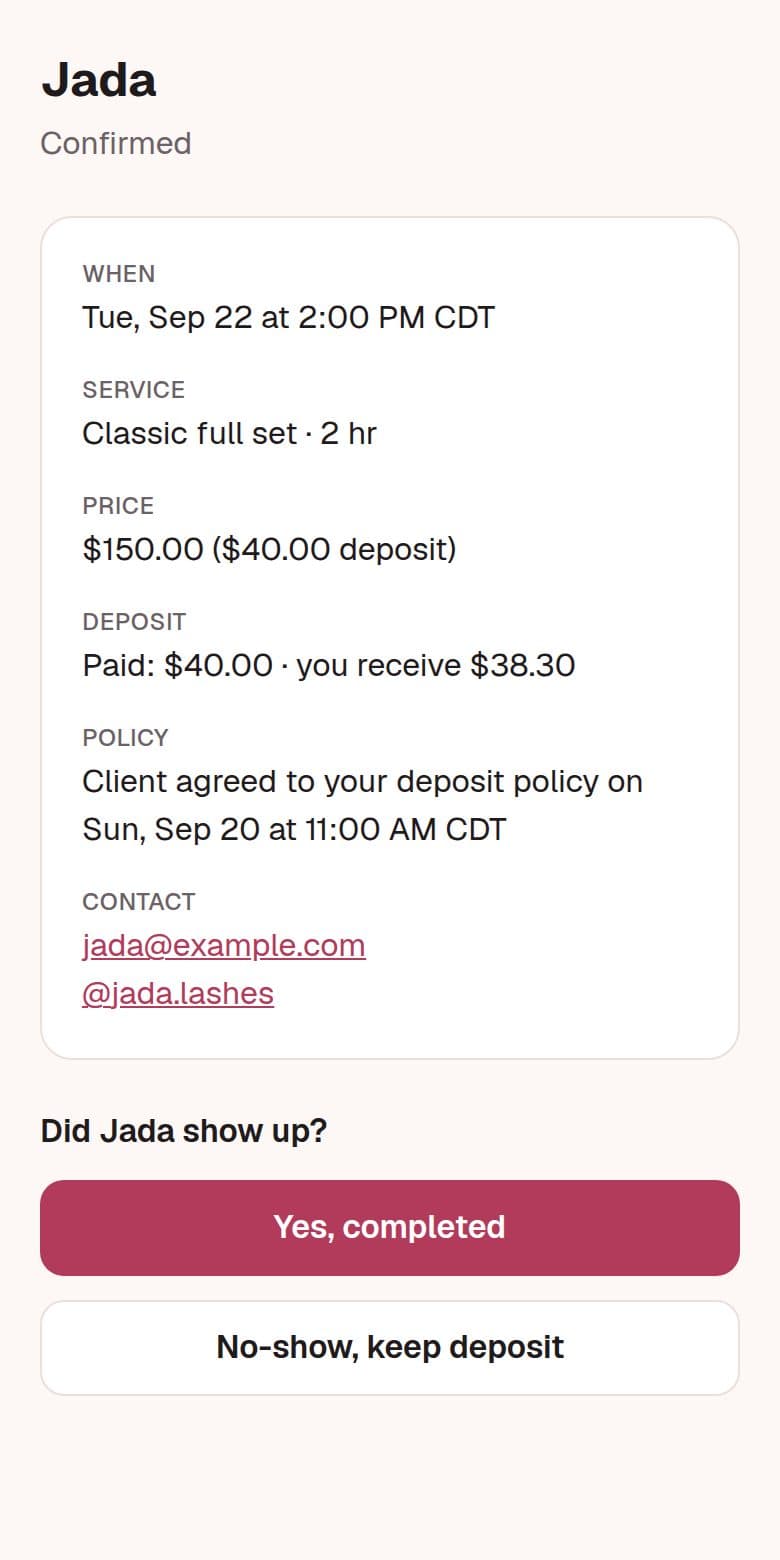 The pro's appointment page asking Did Jada show up, with No-show, keep deposit