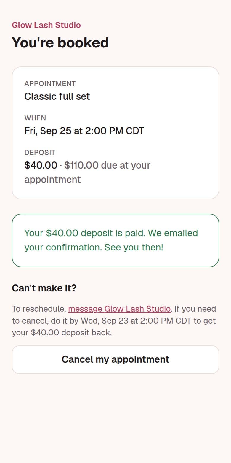 The client's confirmation page with a Can't make it section