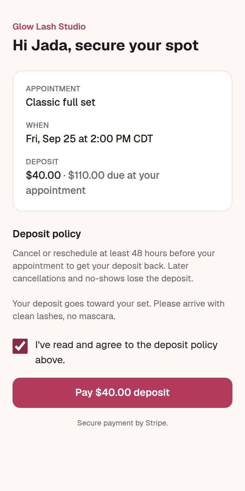 A client's pay page: appointment details, deposit policy, and a button to pay the $40 deposit
