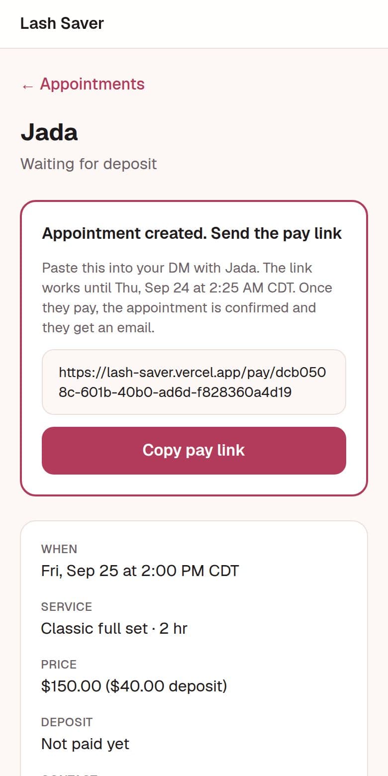The pro's screen after creating an appointment, with a Copy pay link button